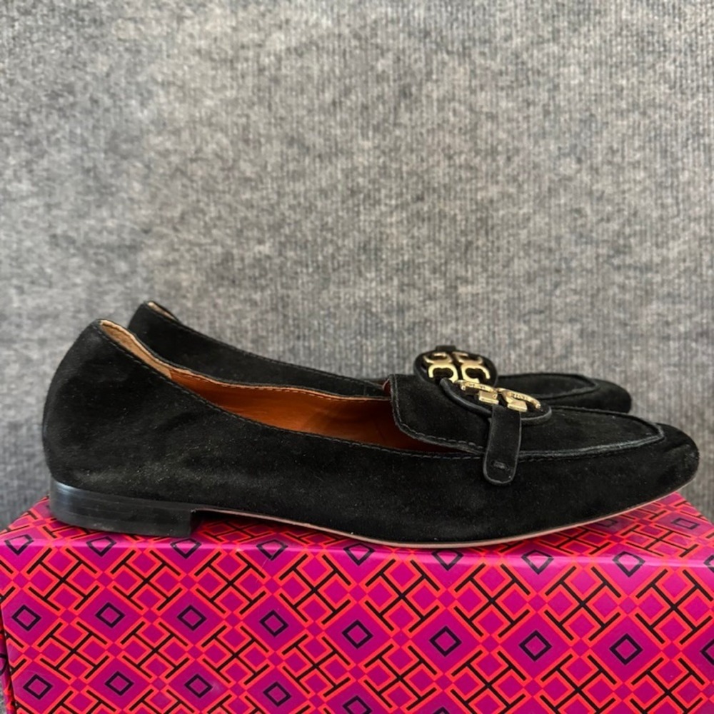 Tory Burch Jessa Suede Loafers Black Gold Horsehead Hardware Square Toe Flat 10M